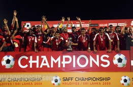 Maldivian players and officials celebrate after winning the SAFF Championship, Saturday, June. 14, 2008  (Archived  Photo/ Hussain Sinan).