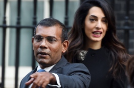 Former President of Maldives Mohamed Nasheed (L) and British lawyer Amal Clooney (R) leave after a meeting with British Prime Minister David Cameron (not pictured) at 10 Downing Street in London, Britain, 23 January 2016. The former president of the Maldives has been granted temporary release from prison to fly to Britain for surgery.  EPA/ANDY RAIN