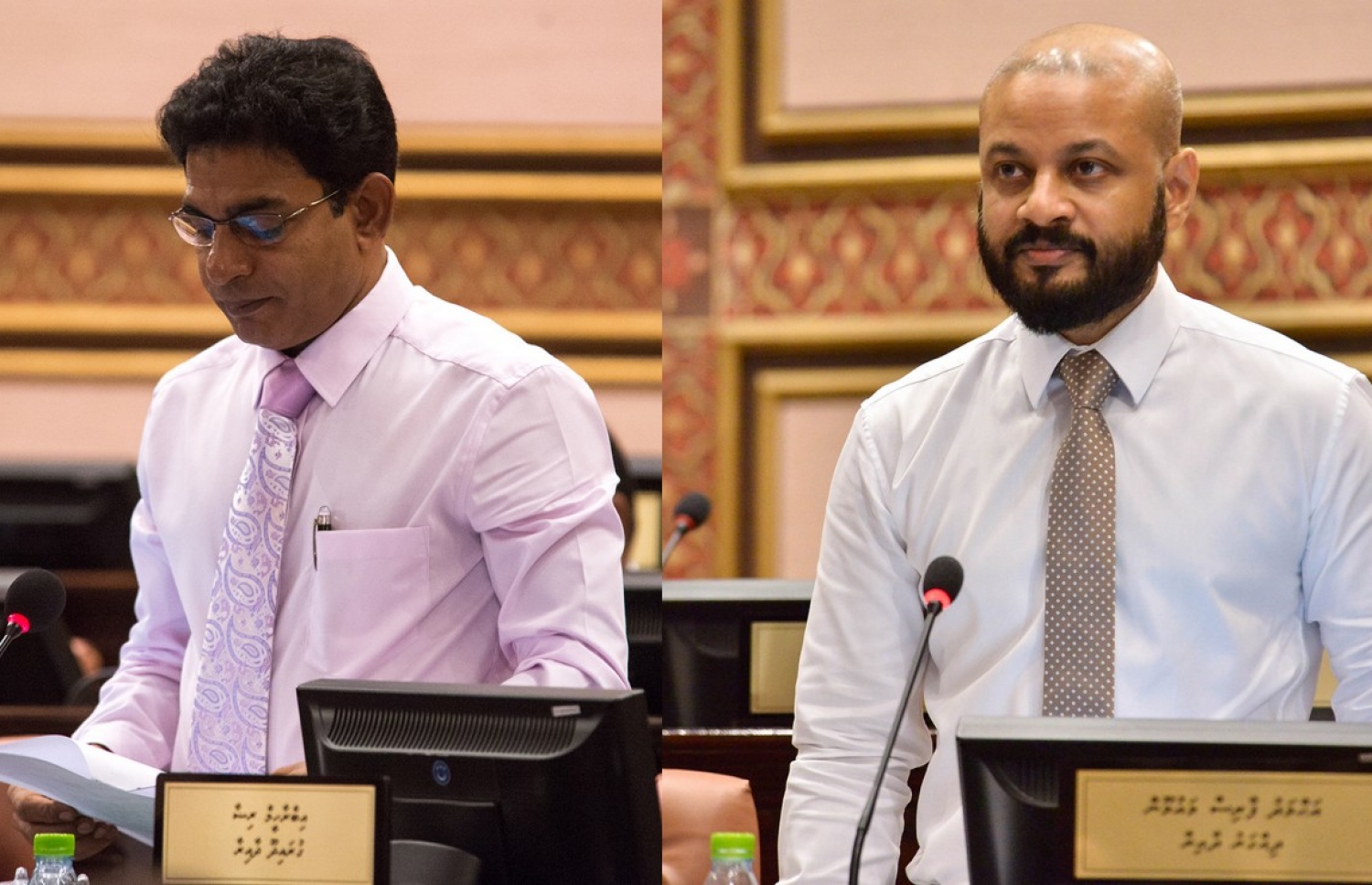 މެމްބަރު ފާރިސް (ކ) އަދި ވަހީދު: މަޝްވަރާ އަށް މި ދެ ބޭފުޅުންގެ ނަން ފޮނުވިއިރު ރައީސް ޔާމީންގެ ބައެއް ސިޔާސަތުތަކަށް ފާޅުގައި ދެ ބޭފުޅުން ގެންދަވަނީ ފާޑުވިދާޅުވަމުން. -- ފޮޓޯ: މަޖިލިސް