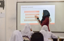 [FILE] A teacher from CHSE teaching students in 2016: Education Ministry said students are routinely screened for tuberculosis under Health Protection Agency's Tuberculosis Elimination Program -- Photo: Mihaaru
