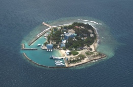 Aerial view of the prison island, Dhoonidhoo in Kaafu Atoll. 