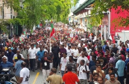 Central road 'Majeedheemagu' of Male' filled with Protestants during the opposition-led rally on Labour Day, May 1st, 2015. PHOTO: AHMED ABDULLAH SAEED/MIHAARU