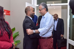 Maldivian Olympics Committee's president Mohamed Shaweed greets AFC President Sheikh Salman. FILE PHOTO: NISHAN ALI/MIHAARU