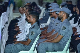 Officers of Maldives Correctional Service participating in a ceremony in Maafushi Prison. PHOTO: NISHAN ALI/ MIHAARU