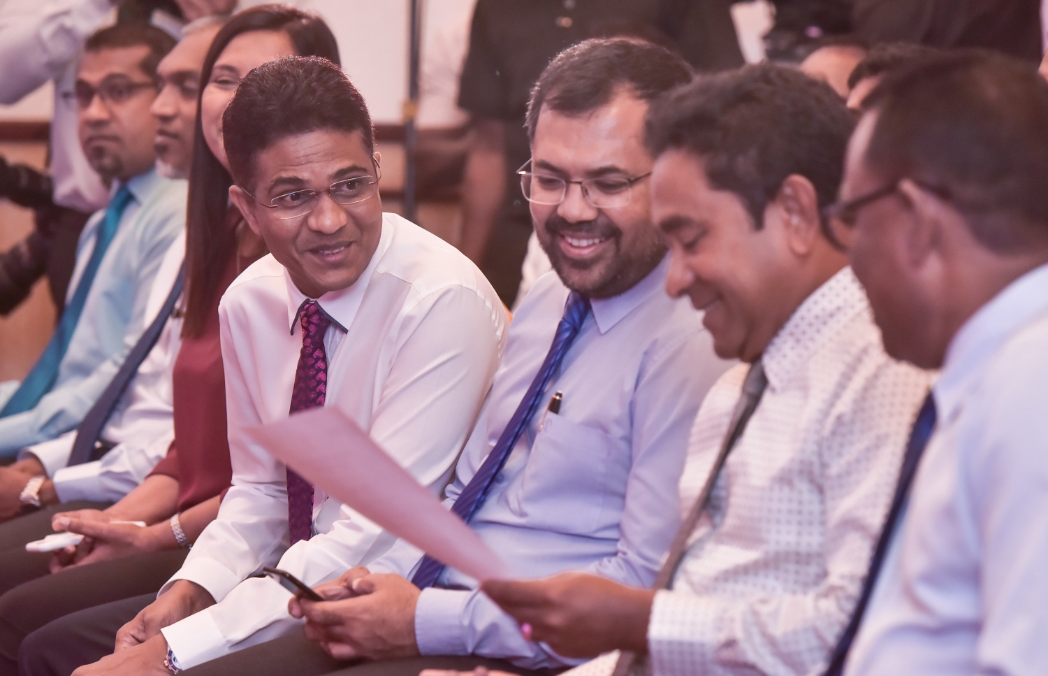 ޕީޕީއެމްއާ މެމްބަރުންތަކެއް ގުޅުމަށް ބޭއްވި ރަސްމިއްޔާތުގައި ރައީސް ބައިވެރިވެވަޑައިގަންނަވަނީ. މަސީހުގެ ވޯޓަކީ ސަރުކާރަށް ކުރިމަތިވާ އިމްތިހާނެއް. - ފޮޓޯ: ހުސެއިން ވަހީދު/ މިހާރު