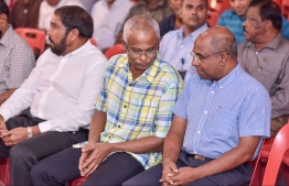 Ibrahim Mohamed Solih and MP Abdulla Shahid (R) attending a joint opposition gathering. PHOTO/ NISHAN ALI