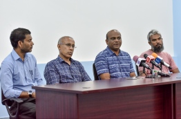 Volleyball Association of Maldives (VAM) during a press conference. President of VAM Mohamed Latheef (3R) is seen on the panel. PHOTO: NISHAN ALI / MIHAARU