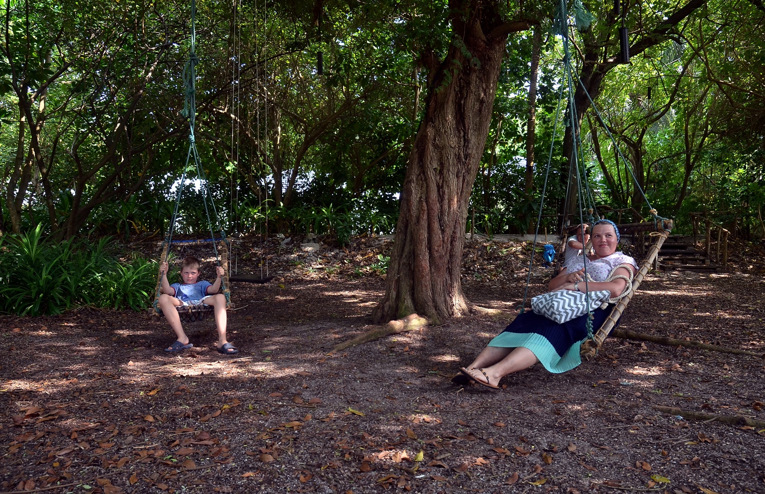 ސަން އައިލެންޑް ރިސޯޓްގެ ބޯކޮށް ހެދިފައިވާ ގަސްތަކުގެ ތެރޭގައި އެލުވާފައިވާ ޖޯލިތަކެއްގައި ޓޫރިސްޓު އާއިލާއެއް ހިތްއުފާ ކޮށްލަނީ. --ފޮޓޯ: އަހްމަދު އަބްދުﷲ ސައީދު/މިހާރު