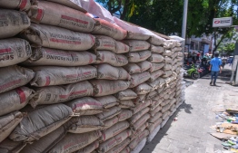 Cement bags in the capital city of Male'. PHOTO: HUSSEIN WAHEED/ MIHAARU