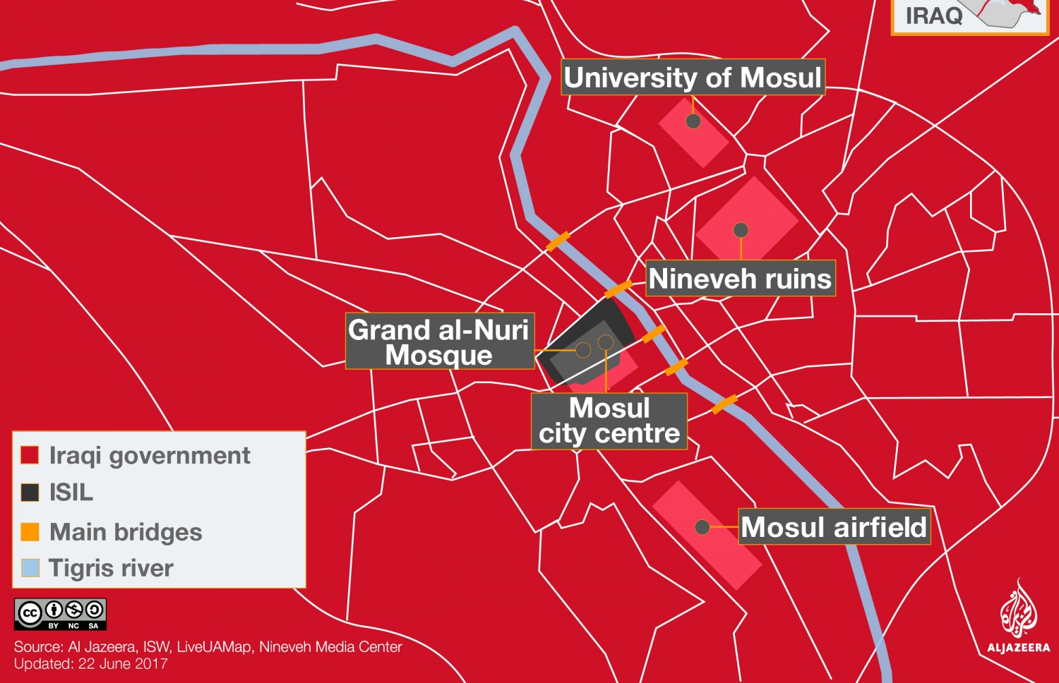 މޫސަލްގައި އައިއެސްގެ ބާރު އޮތް ސަރަހައްދާއި އިރާގު ސިފައިން ހިފާފައިވާ ސަރަހައްދުތައް ދައްކައިދޭ ޗާޓެއް. އަލްޖަޒީރާ