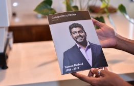 Transparency Maldives' book on slain blogger Yameen Rasheed. FILE PHOTO: HUSSAIN WAHEED / MIHAARU