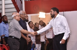 Former President Maumoon Abdul Gayoom and Jumhooree Party's founder Gasim Ibrahim. PHOTO: HUSSAIN WAHEED / MIHAARU