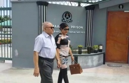 Former President Maumoon Abdul Gayoom and his daughter Dhunya Maumoon pictured outside Maafushi Prison.