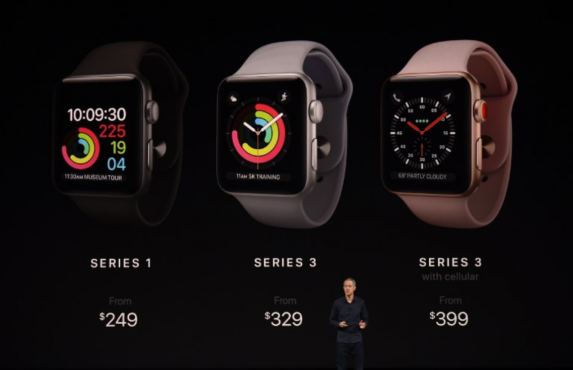 އެޕަލްގެ އާ އުފެއްދުންތައް ދައްކާލުމަށް، ކެލިފޯނިއާގެ ކަޕަޓީނޯގައި ހުންނަ އެ ކުންފުނީގެ އާ ކެމްޕަސްގައ ސެޕްޓެމްބަރު 12، 2017 ގައި ބޭއްވި ހާއްސަ ހަފުލާގައި އެޕަލް ވޮޗްގެ އަގުތައް ދައްކާލަނީ. -- ފޮޓޯ: އޭއެފްޕީ