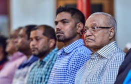 Former President Maumoon Abdul Gayoom and other ruling coalition members during a rally at Jumhooree Party campaign hub 'Kunooz'. PHOTO: HUSSAIN WAHEED/MIHAARU