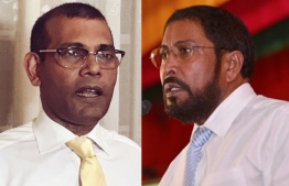 Former President Mohamed Nasheed (L) and Jumhoory Party's leader Qasim Ibrahim. IMAGE/MIHAARU