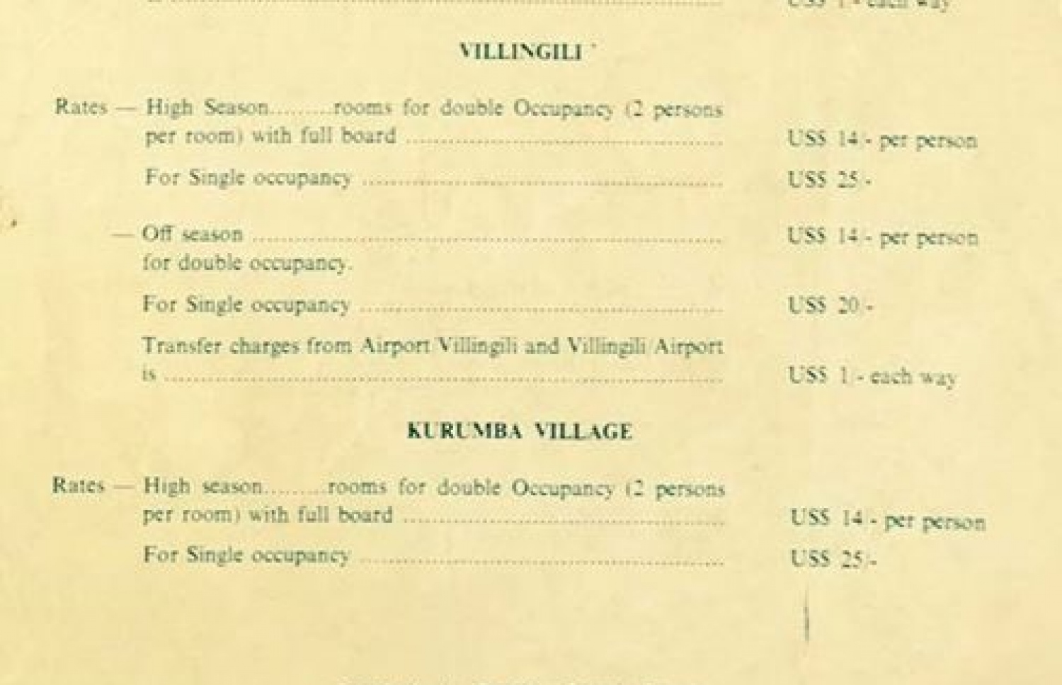 ރާއްޖޭގައި އެންމެ ފުރަތަމަ ހުޅުވި ރިސޯޓްތަކުގެ ތެރޭގައި ހިމެނޭ ކުރުނބާ އާއި ވިލިނގިލިން 1976 ގައި ކޮޓަރި ވިއްކި ރޭޓުތައް.