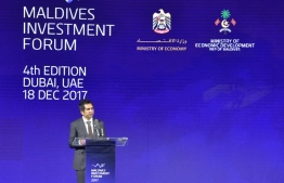 Economic Minister Mohamed Saeed speaks at the 2017 Maldives Investment Forum held in Dubai: the forum aims to bring more foreign investments to the Maldives. PHOTO/ECONOMIC MINISTRY