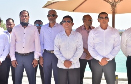 President Yameen (C) with Ahmed Siyam (R) at the ceremony held to inaugurate harbour construction work N. Maalhendhoo in December, 2017 --