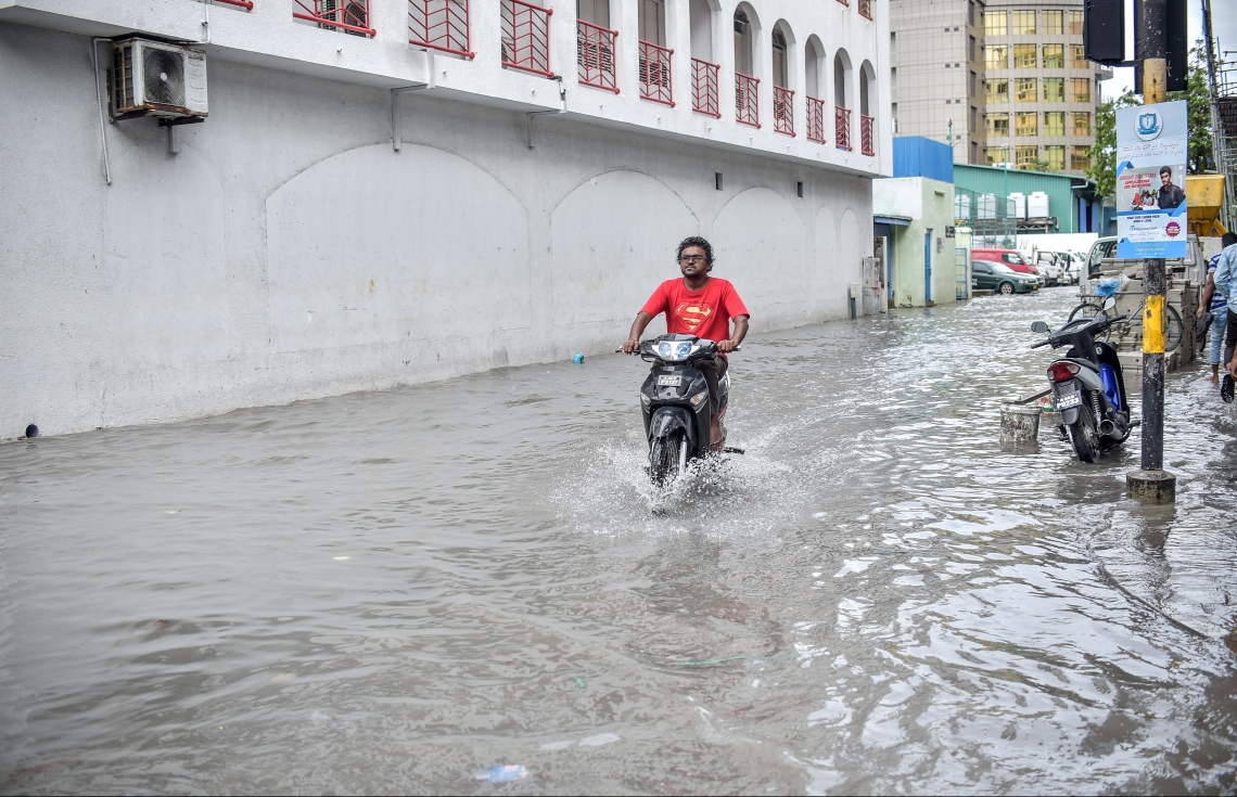 މާލެ: ޖެނުއަރީ 3، 2018- ރޭ ފަތިހު މާލެއަށް ކުރި ވިއްސާރާގައި ފެންބޮޑުވެފައިވާ މަގަކުން މީހަކު ސައިކަލް ދުއްވާފައި ދަނީ: މާލޭގެ ބައެއް މަގުތައް ރަނގަޅު ފެންވަރަކަށް ހަދައި، ފެން ހިންދާ ނިޒާމު އަލުން ގާއިމްކުރި ނމަަވެސް ފެންބޮޑުވުމުގެ މައްސަލައަށް ހައްލެއް ނުލިބޭ.---ފޮޓޯ: ނިޝާން އަލީ/މިހާރު