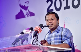 Mohamed Hussain Shareef, the newly appointed Maldives' non-resident ambassador to Russia, speaks at a PPM rally. PHOTO/MIHAARU