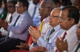 Former President Maumoon Abdul Gayoom (R-2) pictured at an opposition coalition rally. PHOTO: NISHAN ALI/MIHAARU