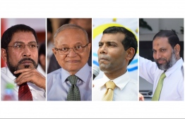 Leaders of the joint opposition (L-R): Jumhoory Party leader Qasim Ibrahim, former President Maumoon Abdul Gayoom, former President Mohamed Nasheed, Adhaalath Party leader Sheikh Imran - out of three, Qasim, Nasheed and Imran have been convicted of various offences, while Maumoon is currently detained under terrorism and bribery charges. PHOTO/MIHAARU