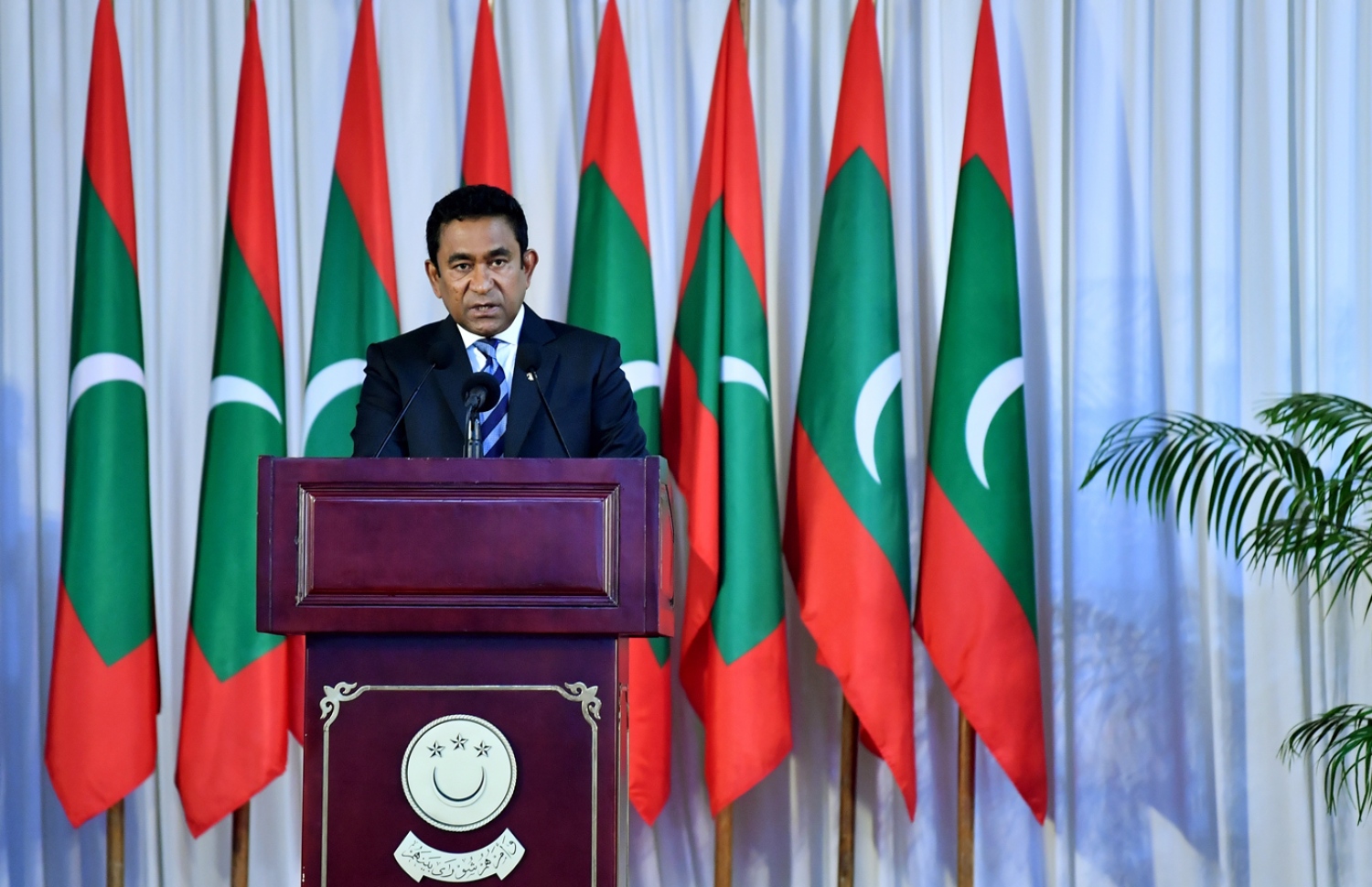 މަޖިލީހުގެ މިއަހަރުގެ ފުރަތަމަ ދައުރުގެ ފުރަތަމަ ޖަލްސާގައި ރައީސް އަބްދުﷲ ޔާމީން ރޭ ރިޔާސީ ބަޔާން އިއްވަވައިދެއްވަނީ.-- ފޮޓޯ: ރައީސް އޮފީސް