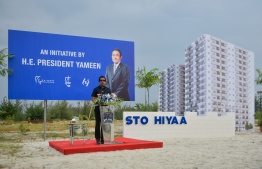 Former Minister of Economic Development, Mohamed Saeed, speaks at the launching of STO-funded housing blocks in Hulhumale Phase 2, under the 'Hiyaa' Project. PHOTO: HUSSAIN WAHEED / MIHAARU