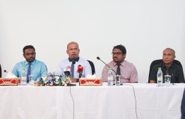 Various members of the Elections Commission, including President Ahmed Shareef (2L). PHOTO: HUSSAIN WAHEED / MIHAARU 