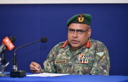 Head of NCTC Brigadier General Zakariyya Mansoor speaking at a press conference: PHOTO: HUSSAIN WAHEED / MIHAARU