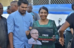 Naseera campaigning for former President Maumoon's release. PHOTO: MIHAARU