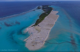An aerial photograph of the island of Funadhoo, Shaviyani Atoll. PHOTO: MIHAARU
