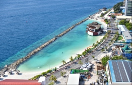 Aerial view of Rasfannu Beach and the western lagoon of Male' City, as seen from the rooftop of Dharumavantha Hospital. PHOTO: HUSSAIN WAHEED / MIHAARU