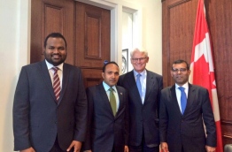 Former president Nasheed (R), former VP Dr Jameel (3R) and MDP Chairperson Ali Waheed (L) with Canadian High Commissioner.