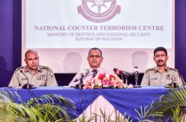 Defence Minister Adam Shareef (C) pictured during the press conference held by the national counter terrorism centre on Thursday. MIHAARU PHOTO/NISHAN ALI