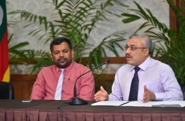 Finance minister Abdulla Jihad (R) gestures during a press conference. Jihad has been appointed as the new VP by president Yameen. PHOTO/PRESIDENT'S OFFICE