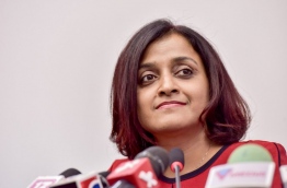 A file photo shows foreign minister Dhunya Maumoon at a press conference. MIHAARU PHOTO
