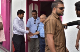 PPM leader Gayoom pictured outside his party office after a sit-down with key party officials on Thursday. MIHAARU PHOTO/MOHAMED SHARUHAAN