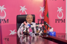 Ruling PPM leader and former president Maumoon Abdul Gayoom speaks during the press conference on Thursday. MIHAARU PHOTO/MOHAMED SHARUHAAN