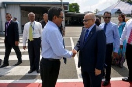 Former president Gayoom (R) greets his half brother and incumbent president Yameen. PHOTO/PRESIDENT'S OFFICE