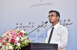 Newly appointed finance minister Ahmed Munavvar speaks during the inauguration of  "Clean Maldives" a national convention on waste management on Saturday. MIHAARU PHOTO/NISHAN ALI