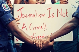 Some local journalists pictured during a protest in capital Male calling on the government to ensure media freedom in the Maldives. AFP FILE PHOTO
