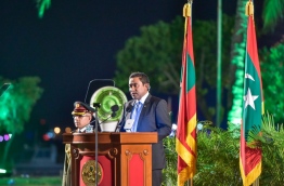 President Yameen addressing the nation on the 51st anniversary of independence. MIHAARU PHOTO/MOHAMED SHARUHAAN