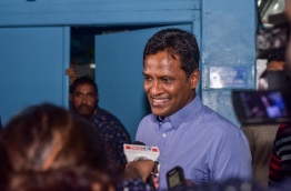 Former home minister Umar Naseer pictured speaking to reporters early this month. MIHAARU FILE PHOTO