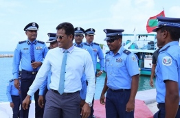 A file photo shows the then home minister Umar Naseer in Haa Alif Atoll Hoarafushi island to lay the foundation of a new police station in the island. FILE PHOTO/POLICE
