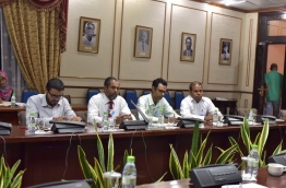 Top journalists from Maldives' only newspaper Mihaaru pictured at the parliamentary committee reviewing the defamation bill on Wednesday. MIHAARU PHOTO/MOHAMED SHARUHAAN