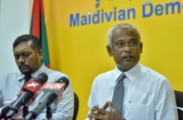 MDP parliamentary group leader Ibrahim Mohamed Solih (R) speaking to reporters on Monday. MIHAARU PHOTO/NISHAN ALI