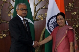 New Maldives foreign minister Dr Mohamed Asim (L) held talks with his Indian counterpart Sushma Swaraj in New Delhi on Tuesday. PHOTO/INDIAN EXTERNAL AFFAIRS MINISTRY