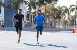 Marzooq (L) trains with top sprinter Hassan Saaid in Rio, Brazil. PHOTO/IBRAHIM USHAFATH